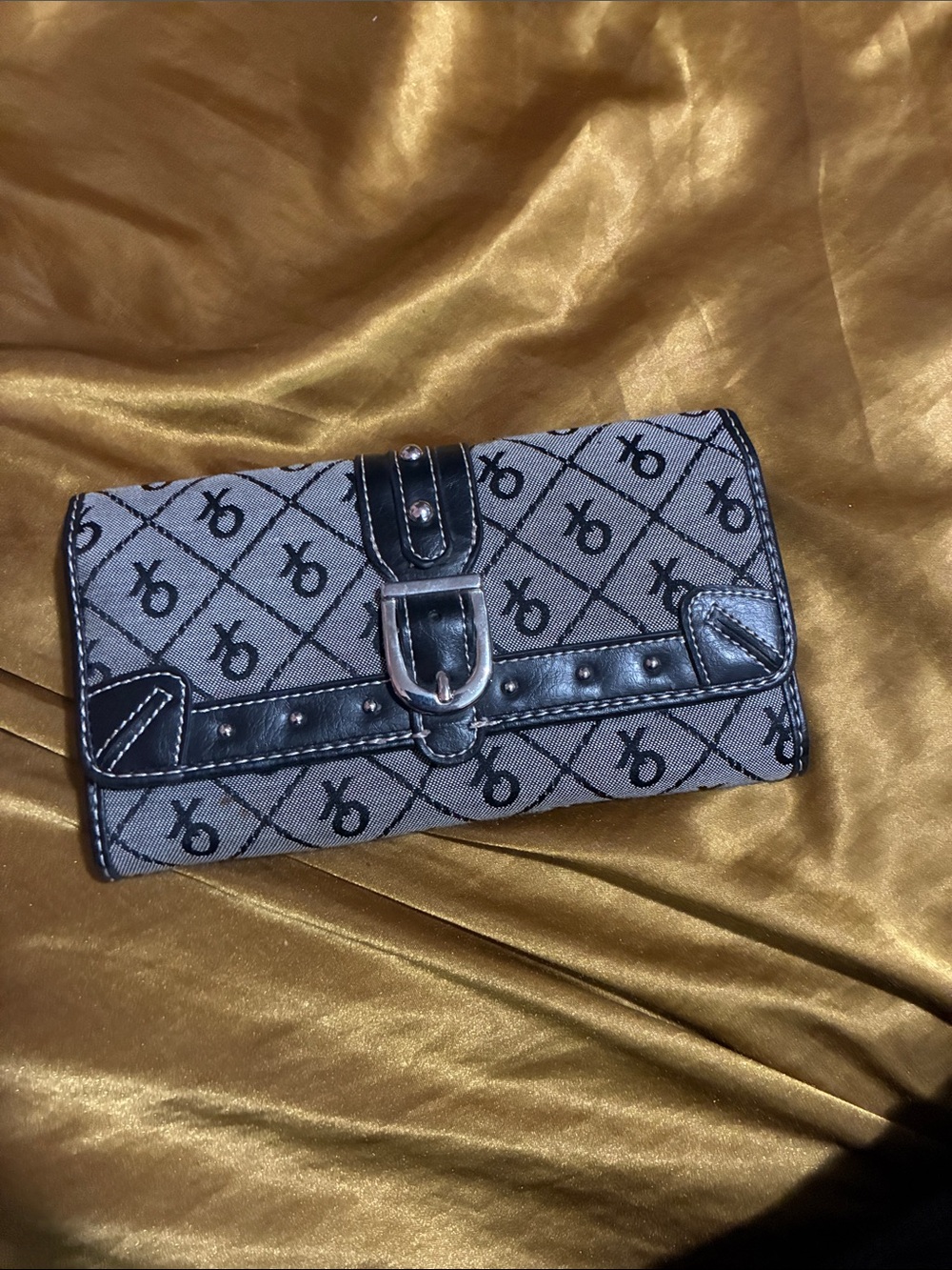 XOXO Gray Monogram Wallet with Black Trim and Buckle